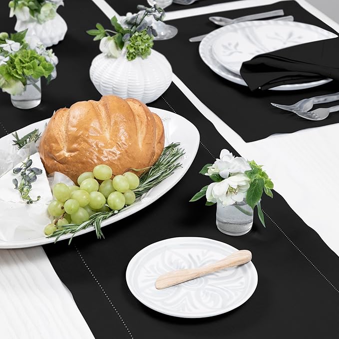 Solino Home Linen Black Table Runner 120 Inches Long - 100% Pure Linen 14 x 120 Inch Table Runner for Fall, Autumn, Halloween, Thanksgiving - Classic Hemstitch