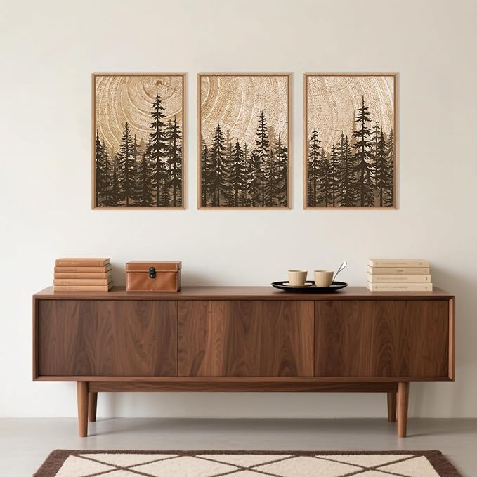 Celestdeco Pine Tree Framed Canvas Wall Art Set, Natural Woodland Landscape Wall Decor, Large Retro Forest Painting, Vintage Brown Artwork for Living Room, Bedroom, Kitchen, Study, Office - 24"x36"x3