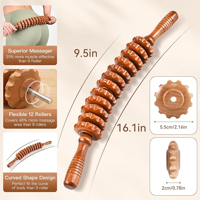 Wood Therapy Massage Tools, Wooden Massage Roller Stick, Lymphatic Drainage Tool, Curved Wood Muscle Massage Roller Used to Relieve Muscle Soreness and Body Shaping
