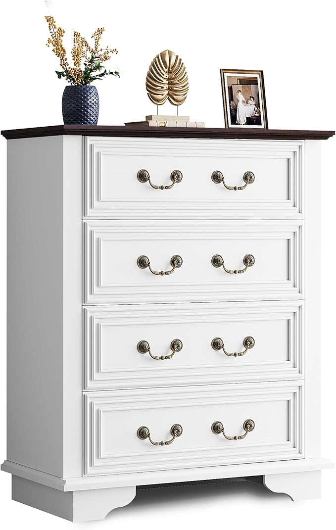 WLIVE Farmhouse Dresser for Bedroom, Tall Wood Dresser with 4 Drawers, Chest of Drawers with Roman Metal Handle for Living Room, Hallway, Closet, White