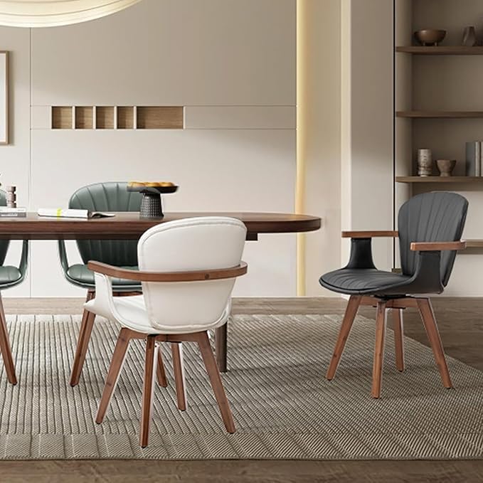 LUNLING Swivel Dining Chairs, Mid Century Modern Black Faux Leather Kitchen Chairs with Arms,Bamboo Legs Side Chairs No Wheels,Accent Chair for Dining Rooms and Offices,1PCS