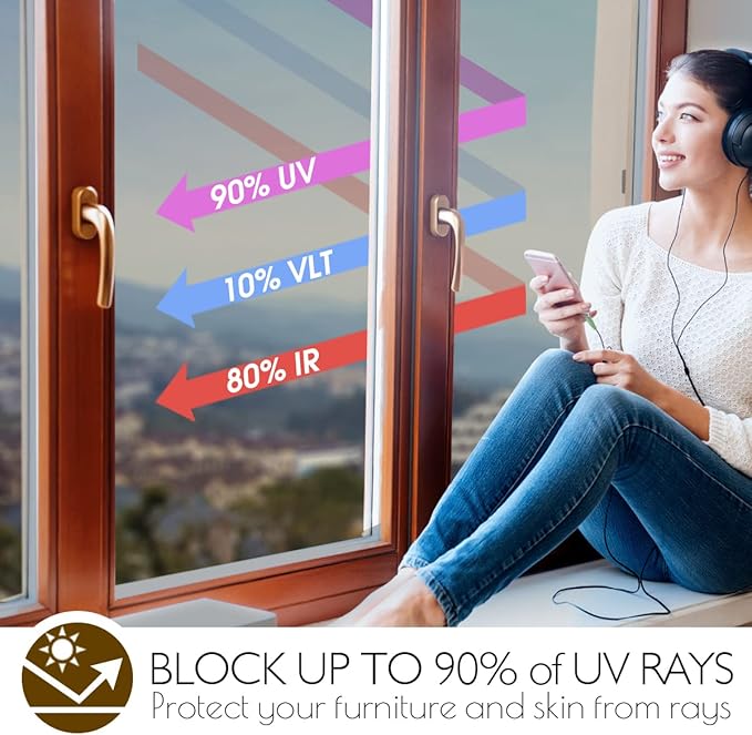 HIDBEA Window Privacy Film Daytime, Heat Control Anti UV Reflective One Way Mirror Window Tint for Home, Non-Adhesive Self Static Cling Window Stickers (Brown-Silver, 17.5 Inch x 6.5 Feet)
