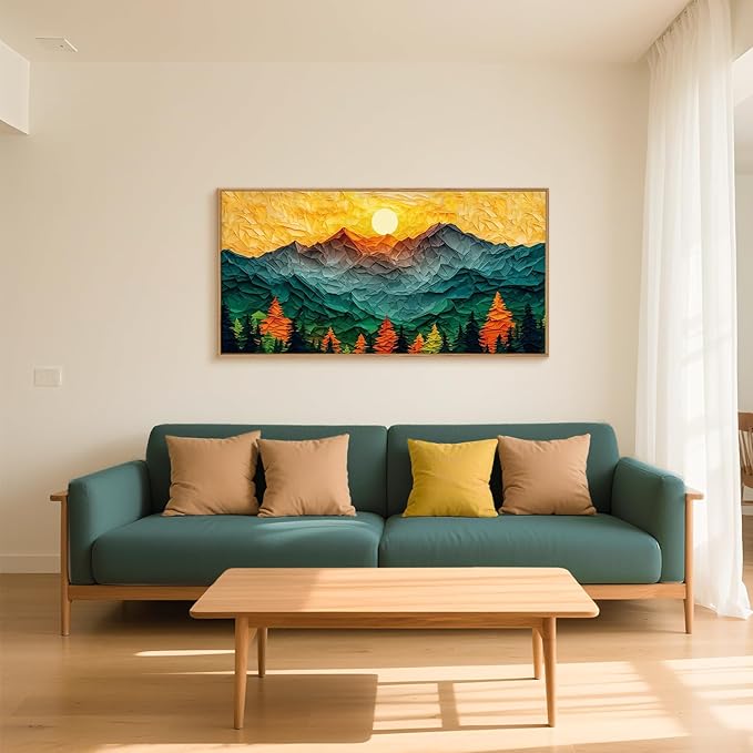 Abstract Sun Mountain Framed Canvas Wall Art Set, Forest Pine Tree Golden Sunset Wall Decor, Mixed Patchwork Landscape Art Print for Living Room, Bedroom, Dining Room, Office - 20"x40"