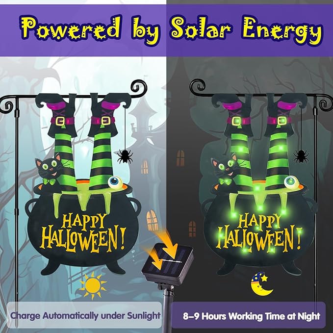 Halloween Lighted Garden Flag for Outside, Witch Feet Shape Flag Yard Decor, 8 Modes 12x18 Double Sided Cauldron Eyeball Black Cat Outdoor Hlloween Decorations for Home Porch