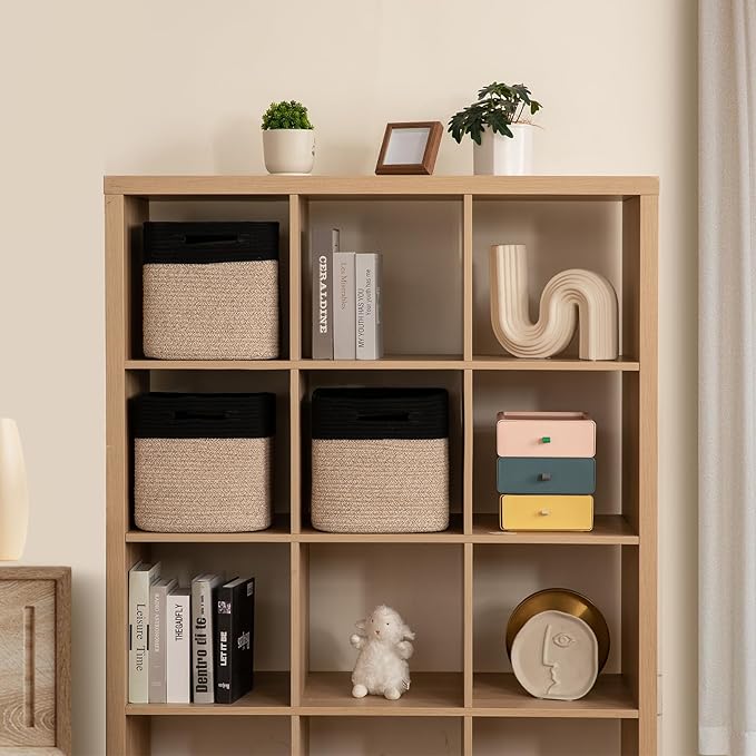 OIAHOMY Cube Storage Basket, 3-Pack Woven Cotton Rope Baskets for Storage, 11-Inch Cube Basket with Handles, Great for Shelves, Closets, Children's Toy Storage and Organization-Black & Brown