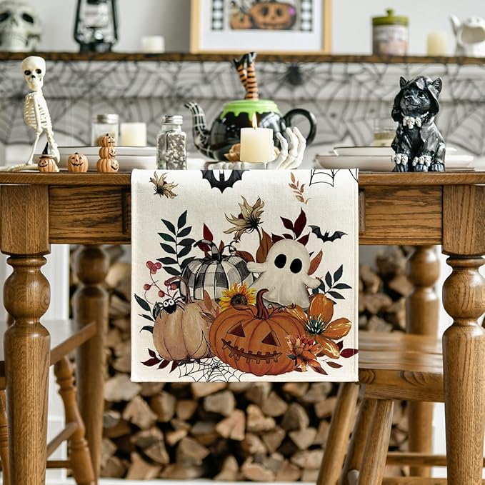 Artoid Mode Pumpkin Ghost Leaves Spider Web 210 GSM Halloween Table Runner, Spooky Kitchen Dining Table Decoration for Home Party Decor 13x72 Inch