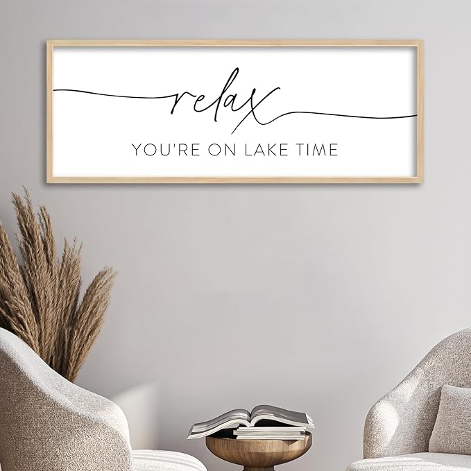 SRSZHIYUE Relax You're On Lake Time Wall Decor Above Bed Sign 40"×15" for Lake House Bedroom Over Bed Large Wood Framed Hanging Art (Wood)