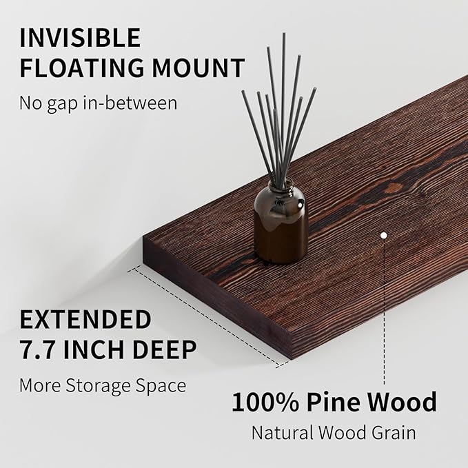SAUMONIERES Floating Shelves 8 Inch Deep Solid Wood Wide Wall Shelf Set of 2 Wall Mounted for Bedroom Bathroom Living Room Kitchen, 24 Inch Walnut