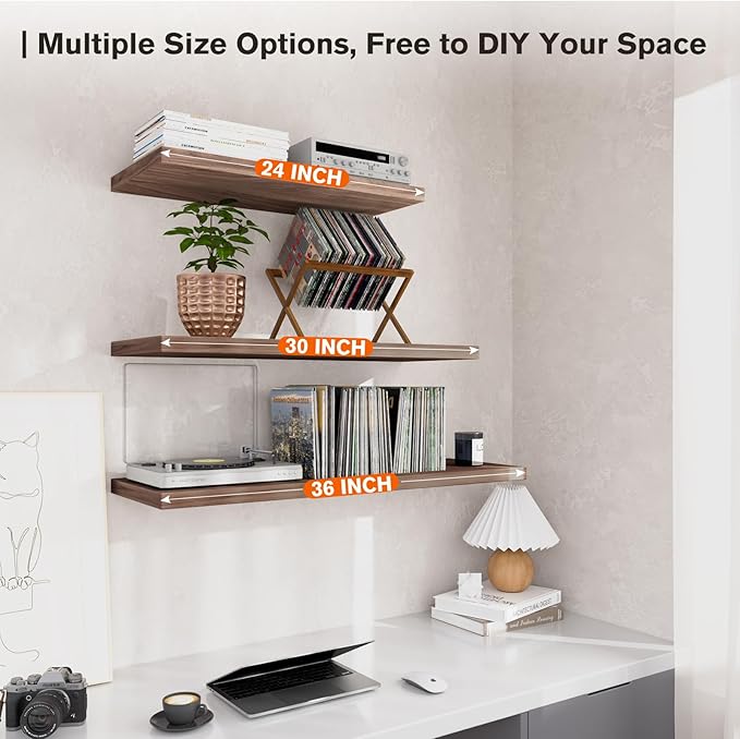 Wall Shelf Set of 2, Walnut Floating Shelves 36 in W x 10 in D x 1 in H, Wooden Floating Wall Shelf with Invisible Brackets for Living Room/Bedroom/Bathroom/Kitchen Storage and Decor