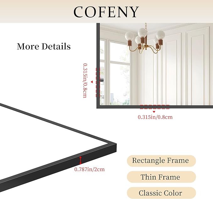 48x24In Black Bathroom Mirror for Wall, Rectangle Mirrors with Metal Frame, Bathroom Rectangular Mirror Modern Wall Mirror for Bedroom Living Room, Entryway Hangs Horizontal or Vertical