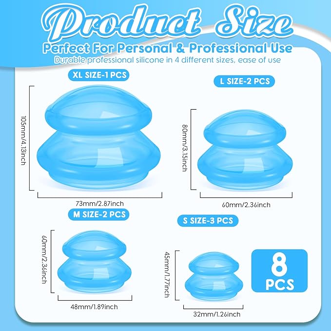 Nuanchu 8 Pcs 4 Sizes Cupping Therapy Set with Satin Bag Silicone Massage Cups Professional Cupping Therapy Vacuum Cup for Cellulite Joint Pain Muscle Pain(Clear Blue)