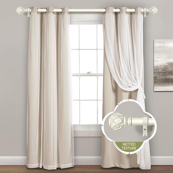 White Farmhouse Curtain Rods for Windows:36-88" Heavy Duty Adjustable Curtain Rod for Bedroom Living Room,Boho Decorative Rustic Drapery Rods with Vintage Coastal Texture Finials,Antique White
