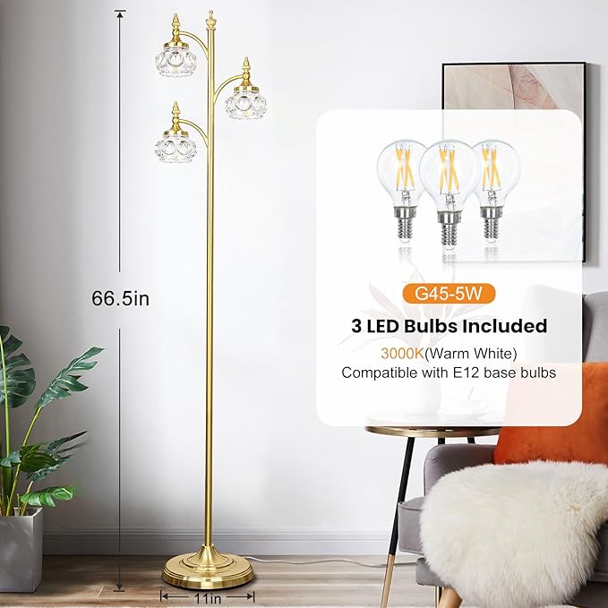 Gold Floor Lamp, Dimmable Tree Floor Lamps for Living Room Brass Tall Standing Lamp with 3 Rotatable Lights Glass Shade 66.5'' Modern Corner Lamp for Bedroom Office(3LED Bulbs Included)