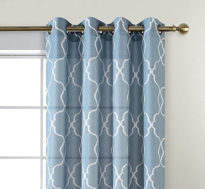 MIUCO Moroccan Embroidery Semi Sheer Curtains Faux Linen Grommet Curtains for Bedroom 52 x 63 Inch 2 Panels, Dusty Blue