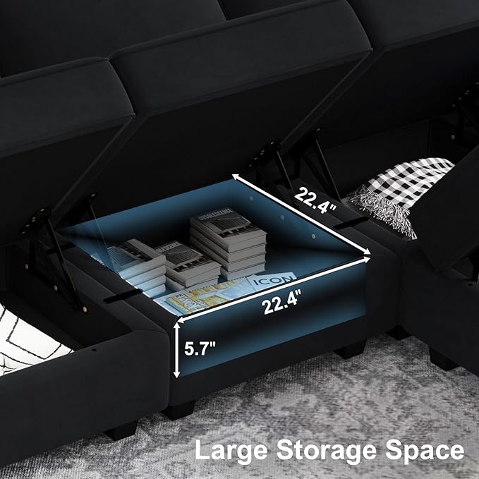 Belffin Modular Sectional Sofa with Reversible Chaise L Shaped Couch with Ottoman Modular Sofa Couch with Storage Black