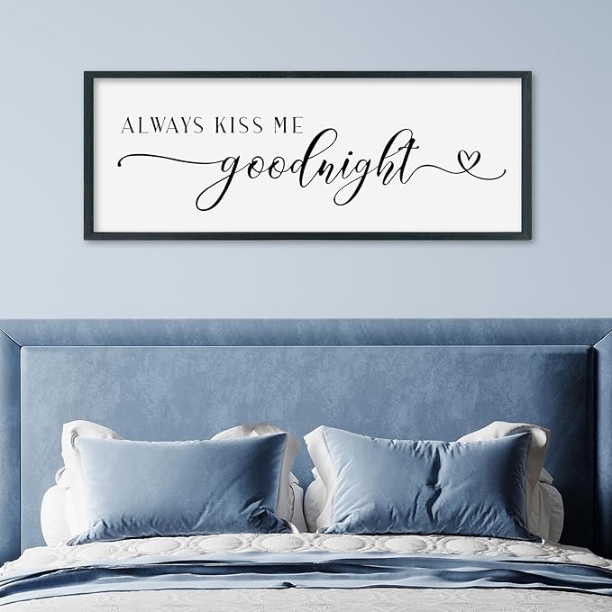 SRSZHIYUE Always Kiss Me Goodnight Sign Wall Decor Art for Master Bedroom Above Bed 32"×12" Large Wood Framed Wall Hanging (Black)