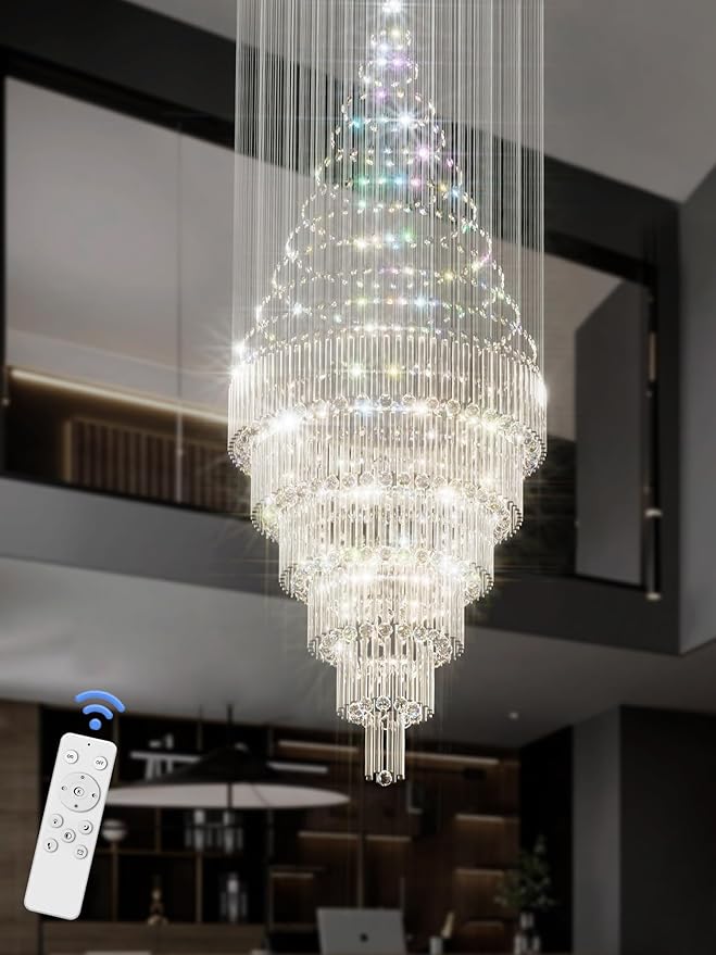 Flashing God D48''X H120''High Ceiling Chandelier Crystal Raindrop Gold Chandeliers Large Villa Chandelier Entrance Foyer Hight Ceiling Lighting LED Dimmable 2700K-4500K-6000K 24 LED Bulbs Include