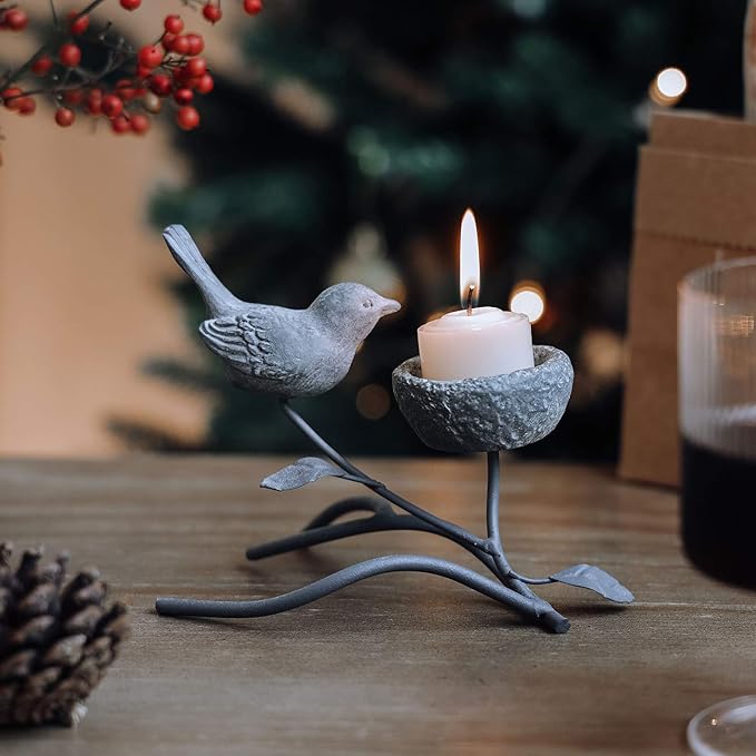 Marbrasse Votive Candle Holders, Vintage Home Decor Centerpiece, Iron Branches, Resin Bird and Nest, Tabletop Decorative TeaLight Candle Stands,Creative Artwork (Grey Black)