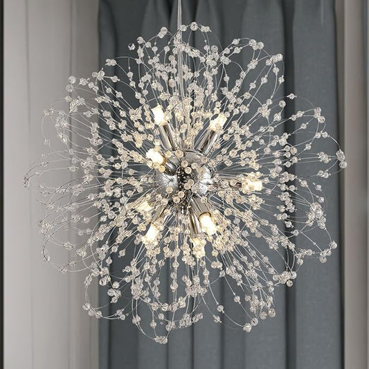 Sputnik Crystal Chandelier, Modern Beaded Ceiling Lamp with Chrome, Round Dandelion Pendant Light Fixtures for Living Room Bedroom Dining Room Farmhouse Kitchen Island (Chrome 9Lights)