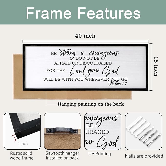 Be Strong And Courageous Sign Bible Verse Framed Wall Art, 40''×15'' Rustic Religious Christian Proverbs 3:5-6 Sign, Horizontal Holy Inspirational Catholic Scripture Decor