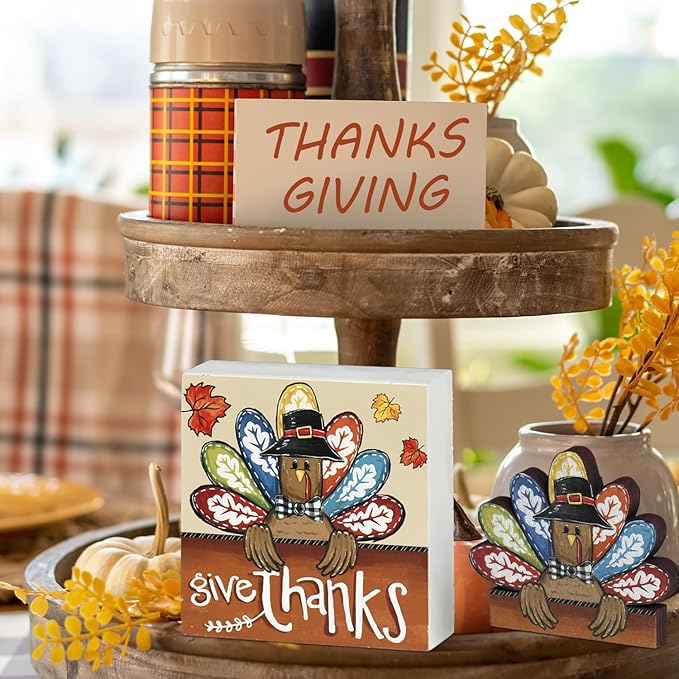 Smile Thanksgiving Wooden Decor Indoor, Turkey Decor Give Thanks Box Sign, Thanksgiving Table Tiered Tray Kitchen Decorations