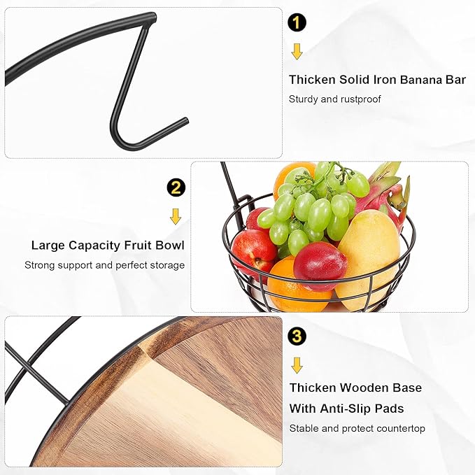 Livabber Countertop Fruit Basket Bowl with Banana Hanger, Modern Standing Fruit Vegetable Bowl Storage, with Banana Tree Holder for Kitchen Dinning Table (Round Wood, Black)