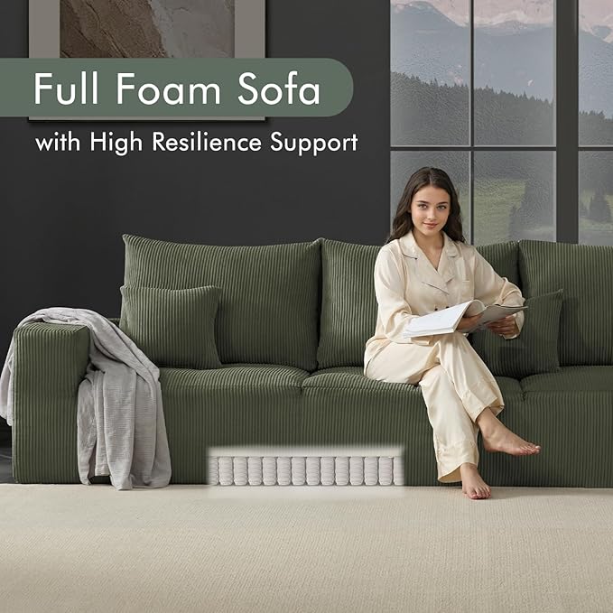 Boneless Sectional Cloud Couch Sofa Bed for Living Room, 112" Modular Modern Lounge 3 Seater Sleeper Green Couches with Chaise, No Assemble, Cordury Compression Upholstered Sofas