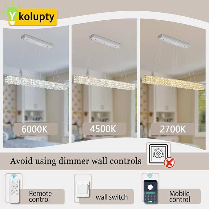 W48 Modern Rectangular Crystal Chandeliers Dining Room Chandelier,Silver Pendant Light Fixture with Remote Control for Living Room Kitchen Island