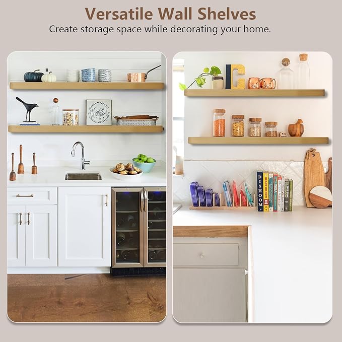 Solid Wood Floating Shelves Set of 2 - Natural, Warp & Crack Resistant 23.62 Inch Wall Shelf with Invisible Brackets Thicker, More Durable for Bathroom, Bedroom, Kitchen, Living Room (Wood, 23.62)