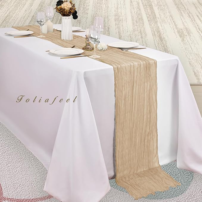 Sand 12 Pack 10FT Cheesecloth Table Runner 20 x 120 Inch Long Rustic Gauze Cheese Cloth Table Runner for Wedding Bridal Baby Shower Table Decorations Boho Fabric Sheer Birthday Party Table Decor