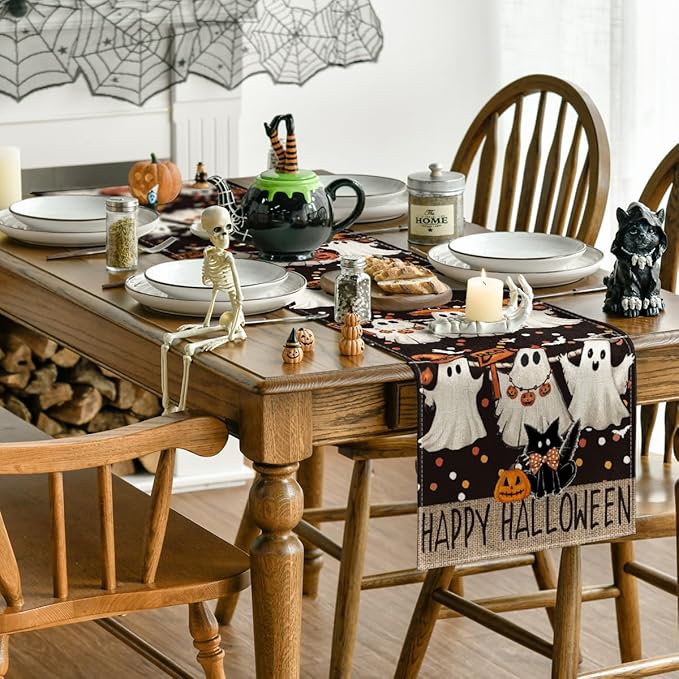 Artoid Mode Ghost Jack-O'-Lantern Black Cat Halloween Table Runner,Holiday Kitchen Dining Table Decoration for Home Party Decor 13 x 36 Inch
