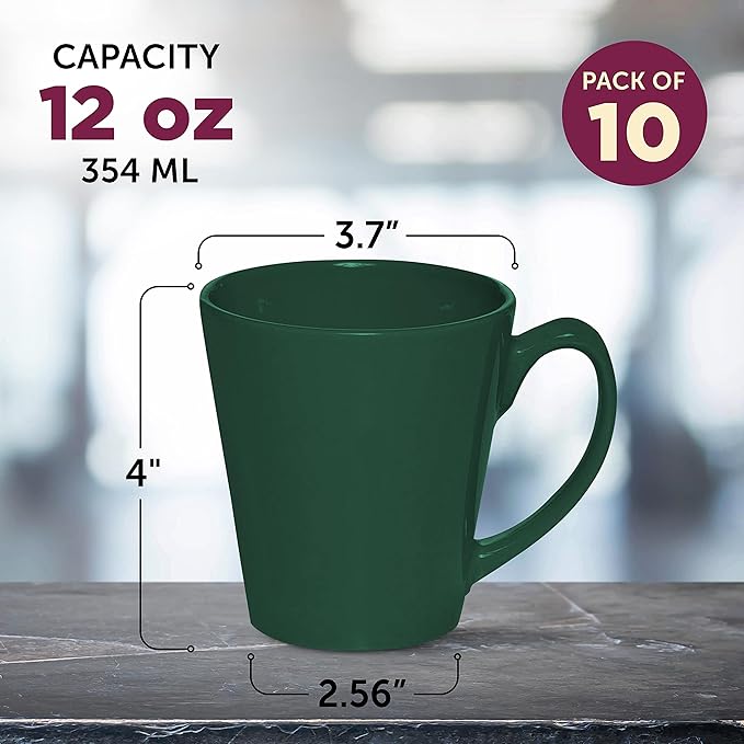 DISCOUNT PROMOS Glossy Ceramic Latte Coffee Mug 12 oz. Set of 10, Bulk Pack - Perfect for Tea, Espresso, Cappuccino, Hot Cocoa - Green