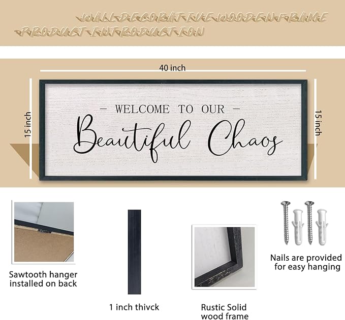 comurdyo Welcome To Our Beautiful Chaos Wall Decor Art 40"X15" for Home Entryway Sign Large Wood Framed Wall Hanging (Black)