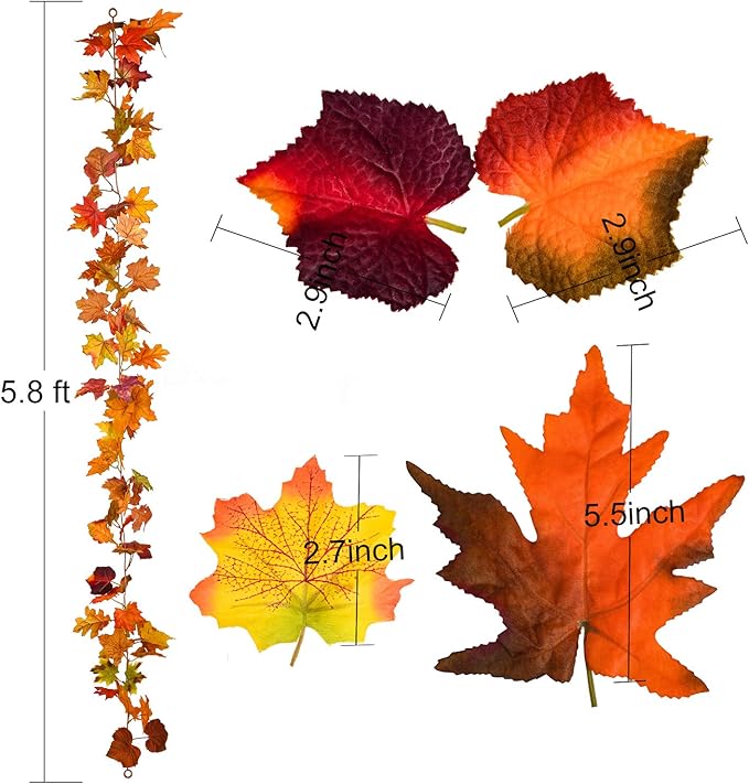 Lvydec 4 Pack Fall Maple Garland - 5.9ft/Strand Artificial Fall Foliage Garland Realistic Maple Leaves Autumn Decor for Home Wedding Halloween Thanksgiving Party (Mixed Color)