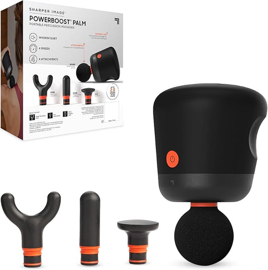 Sharper Image® Powerboost® Palm Portable Percussion Massager - 4 Attachments, 4 Speeds| Compact Full Body Back & Shoulder Mini Massage Gun| Deep Tissue Muscle Soreness Recovery| Wellness Gift
