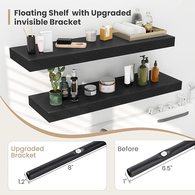 Heimlove 24 x 12 Inch Deep Floating Shelves Wall Mounted with Invisible Brackets,Storage Hanging Shelf for Wall Decor in Bathroom, Bedroom, Toilet, Kitchen, Living Room, Office Set of 2 (Black)