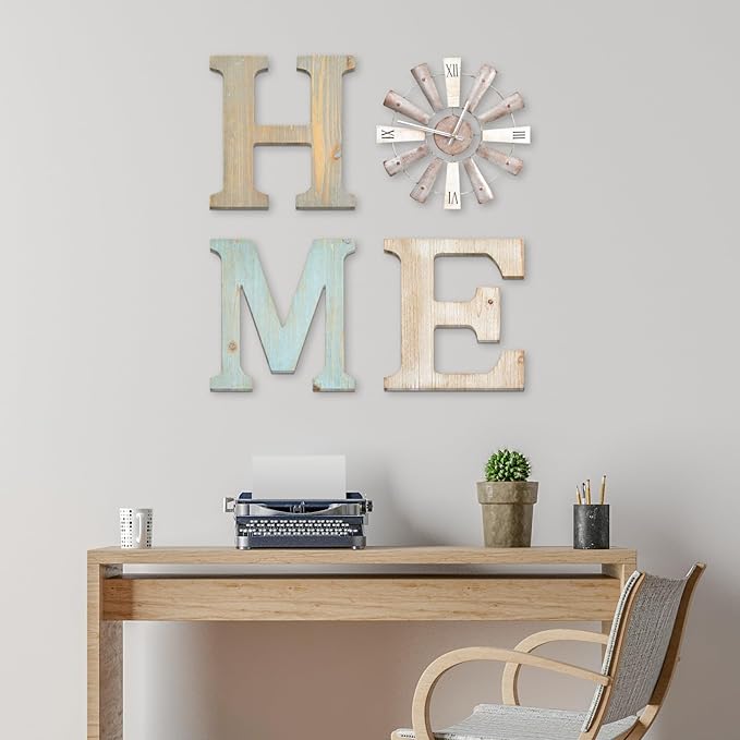 ZAZIWZ Farmhouse Home Signs with Windmill Clock Wall Decor Rustic Home Letters Wall Art for Living Room Kitchen Entryway Dining Room Bedroom (mix color)