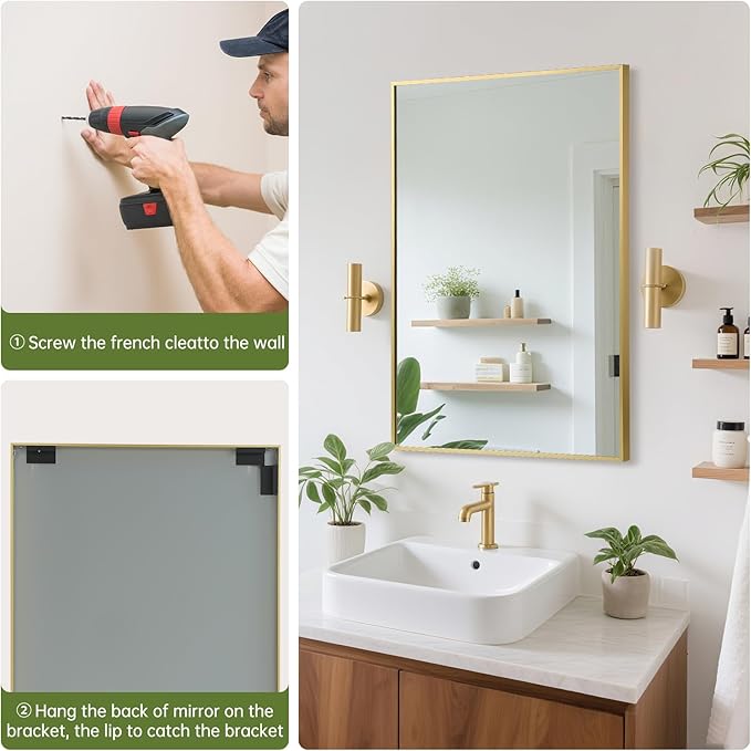 FARMER 20x30 Inch Gold Bathroom Mirror, Rectangle Wall Mounted Mirror, Vanity Mirror, Brushed Square Mirror, Framed Bathroom Mirror for Bedrooms, Entryways, Living Rooms, Horizontal/Vertical