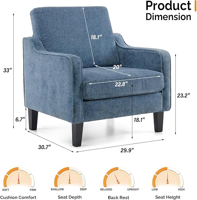 VINGLI Mid Century Modern Accent Chair Set of 2,Navy Blue Chenille Chairs for Living Room Upholstered Armchair with Scooped Arms for Bedroom,Apartment,Studio,Office,Waiting Room