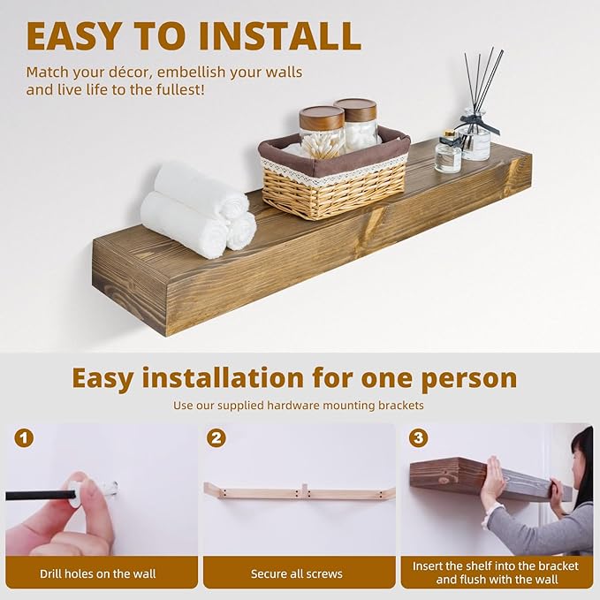 Floating Shelves 3 inch Thick for Wall Set of 2,Solid Pine Wood Wall Mount Shelf for Kitchen Living Room Bedroom Bathroom,8" D x 60" L x 3" H-Black Walnut
