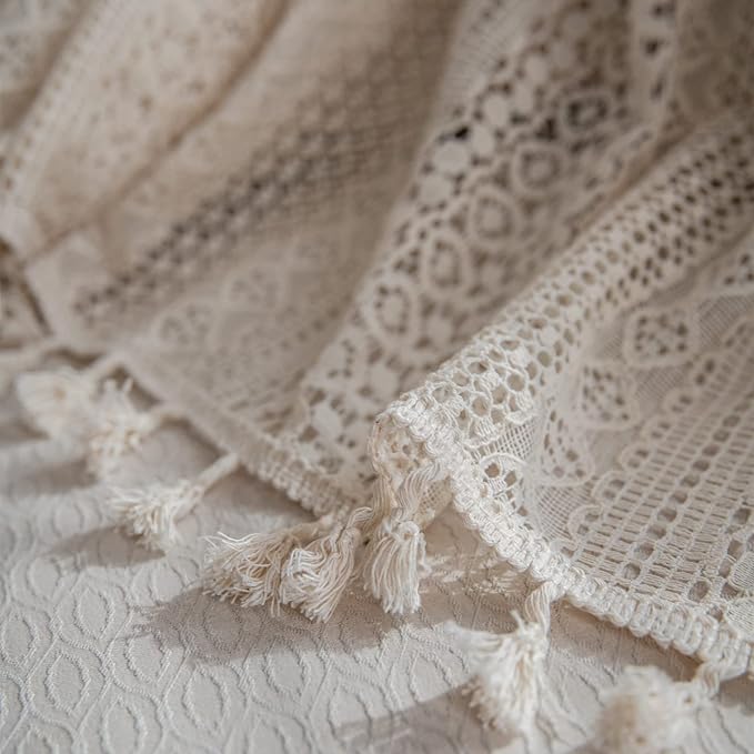Sutuo Home Boho Curtains Crochet Lace Semi-Sheer Bohemian Hollow Knitted Handmade Tassels, Rod Pocket Window Treatment Vintage Rustic Farmhouse Drapes for Living Bedroom, 1 Panel 59" W x 63" L, Beige