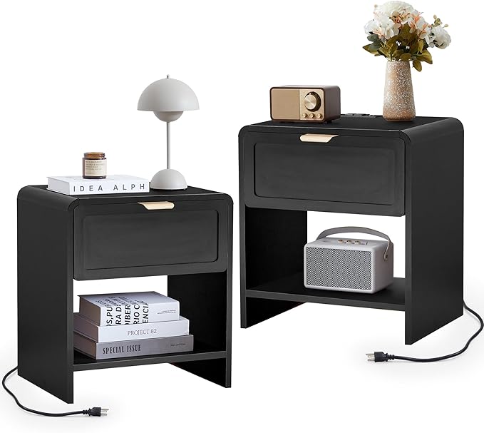 LEVNARY Nightstand with Charging Station, Mid-Century Modern Bedside Table with Curved Top Corners and Storage Drawer, Wooden End Table for Farmhouse Bedroom Living Room (1, Black)