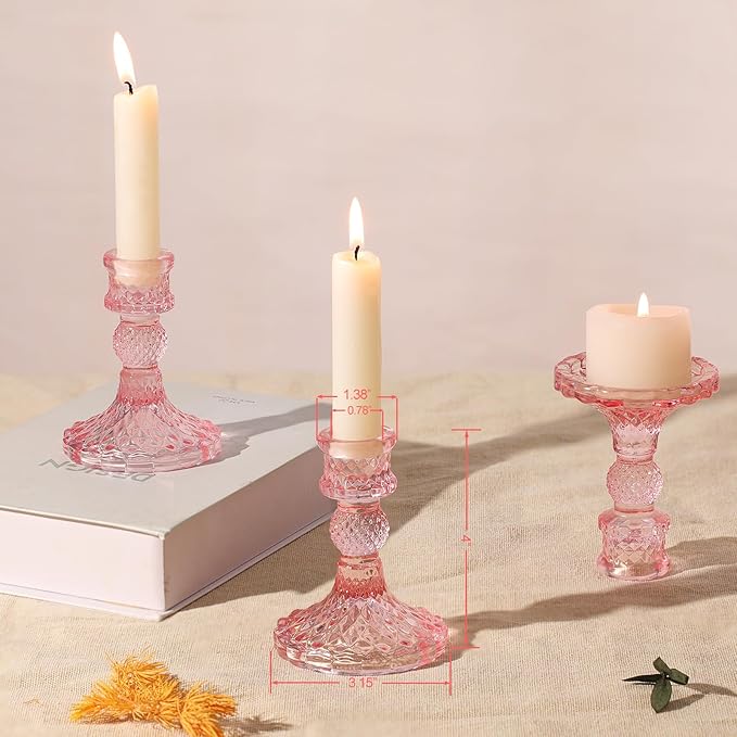 12Pcs Pink Candlestick Holders Set- 4" H Taper Candle Holders Bulk, Glass Candle Holders for Wedding, Party, Romantic Dinner Table Centerpieces, Festival Gifts & Windowsill Decor