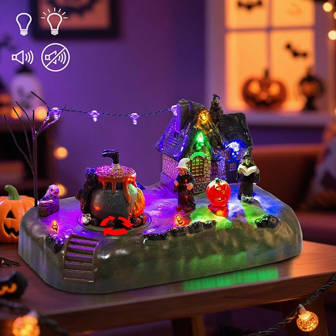 Halloween Village Witch Cauldron Bubble Figurine with Lit House Spooky Town Indoor Decoration Accessories for Holiday Display, Battery Operated