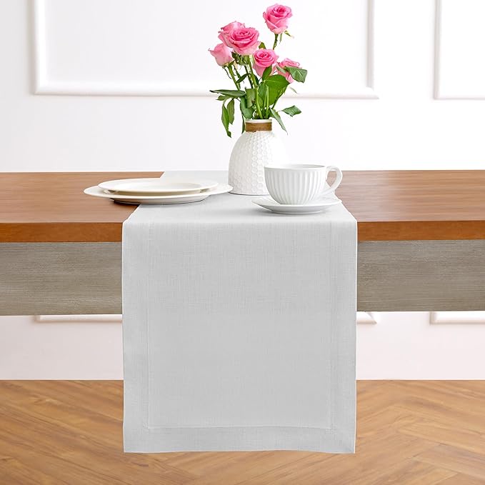 Solino Home Linen Table Runner 36 Inches - 100% Pure Linen Silver Cloud Table Runner 14 x 36 Inch Ideal for Dresser and Coffee Tables - Fall, Autumn, Thanksgiving - Fete