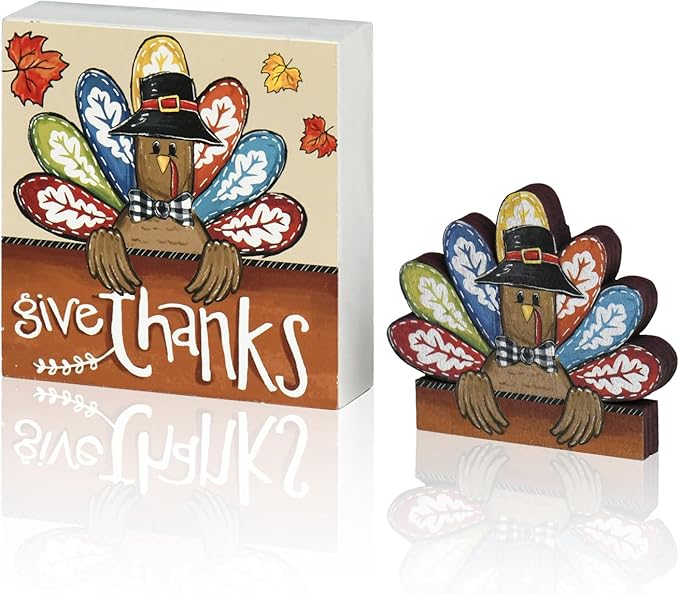 Smile Thanksgiving Wooden Decor Indoor, Turkey Decor Give Thanks Box Sign, Thanksgiving Table Tiered Tray Kitchen Decorations