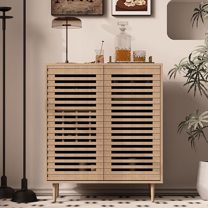 Mid Century Bar Cabinet with Wine Racks, Modern Liquor Cabinet with Slatted Doors for Dining Room, Living Room (Natural Color)