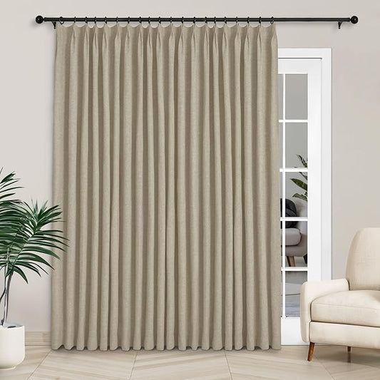Macochico 100”Wx96”L Pinch Pleated 100% Blackout Linen Curtains Thermal Sliding Curtains for Bedroom Living Room Sliding Glass Door Farmhouse Shabby Chic Light Khaki Drapery with Tieback 1 Panel