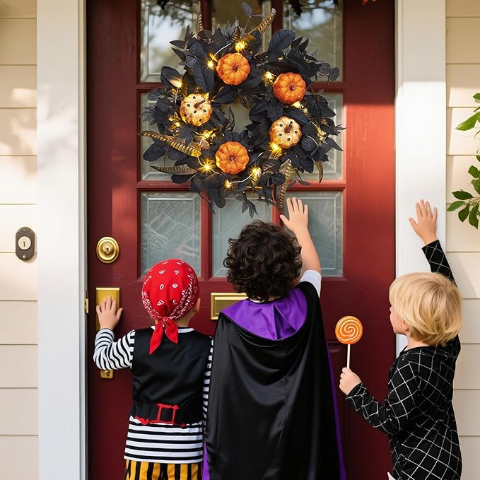 GarveeHome Halloween Wreath for Front Door, 18 Inch Fall Wreath with Pumpkins and Maple Leaves for Indoor Outdoor Wall Window Porch Patio Garden Farmhouse Home Party Prom Decoration