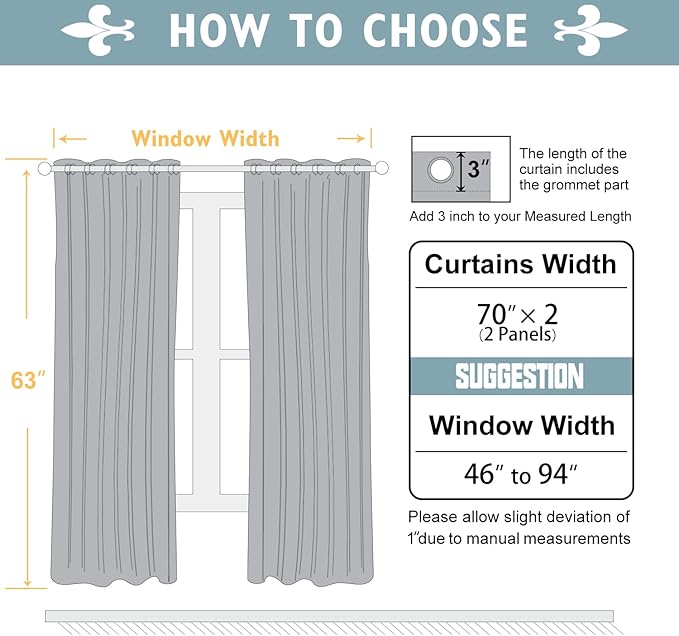 ChrisDowa Blackout Curtains 70 inches Wide for Bedroom - 2 Panels Set Extra Wide Grommet Thermal Insulated Room Darkening Curtains for Living Room (Greyish White, 70 x 63 Inch)
